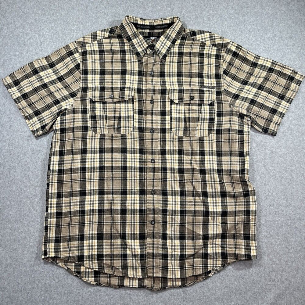 Harley-Davidson Genuine MotorClothes Plaid Button Up Shirt Men’s XL Black Tan